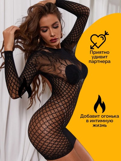 Мини платье из сетки с кружевным рисунком - Миниплатье из сетки с кружевным рисунком - фасад