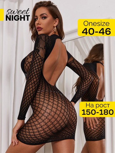 Мини платье из сетки с кружевным рисунком - Эротический миниплатье из прозрачной сетки
