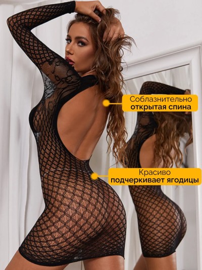 Мини платье из сетки с кружевным рисунком - Миниплатье из сетки с кружевным узором на модели