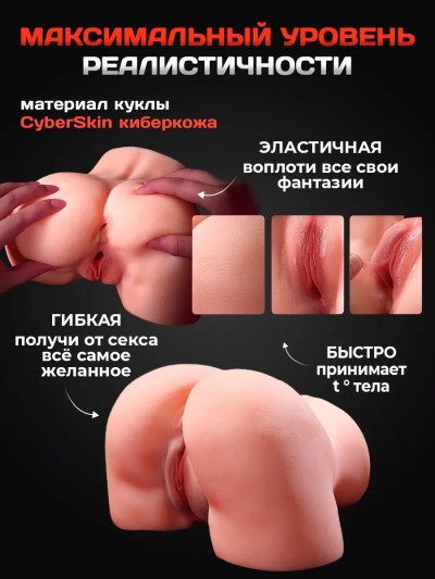 Мастурбатор мужской FOXY полуторс из киберкожи – секс-игрушка с вагиной и анусом - Крупный план текстуры киберкожи CyberSkin мастурбатора FOXY. Реалистичный материал.