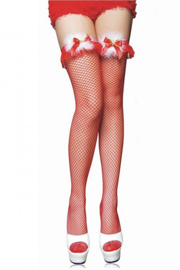 Чулки красные "Новогодние", 42-50 - Соблазнительные сексапильные чулочки способны сделать даже самый скучный образ невероятно женственным. Модель, представленная в линейке бренда Le Frivole, превосходно подойдет для новогоднего образа. Чулочки декорированы пухом, бантиками и бубенчиками. Он