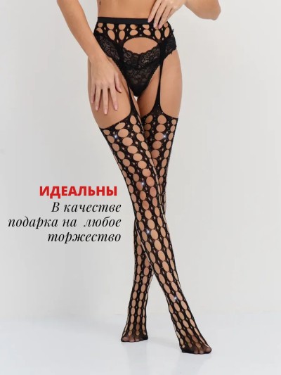 Эротические чулки в сетку с поясом и стразами "Богиня" - Комплект Богиня: чулки в сетку и пояс с застежками